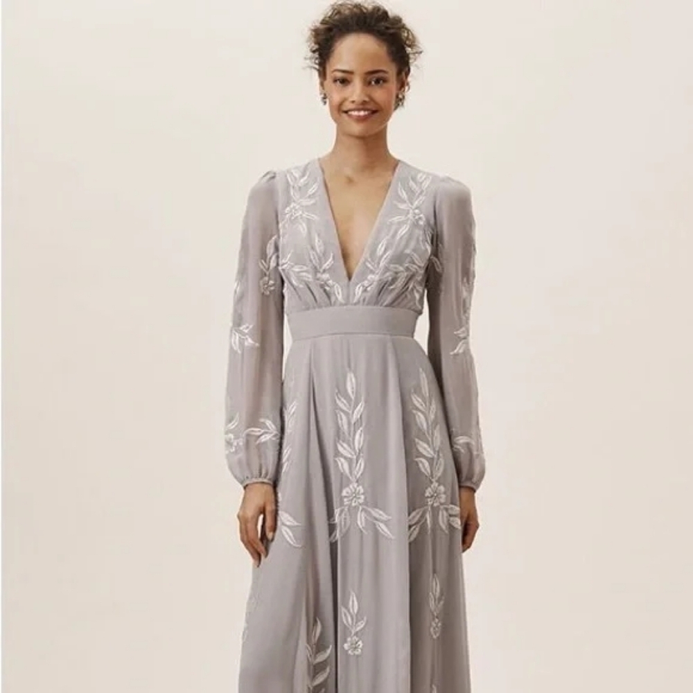 NwT BHLDN Blue Gray Long Sleeve Embroidered Dress